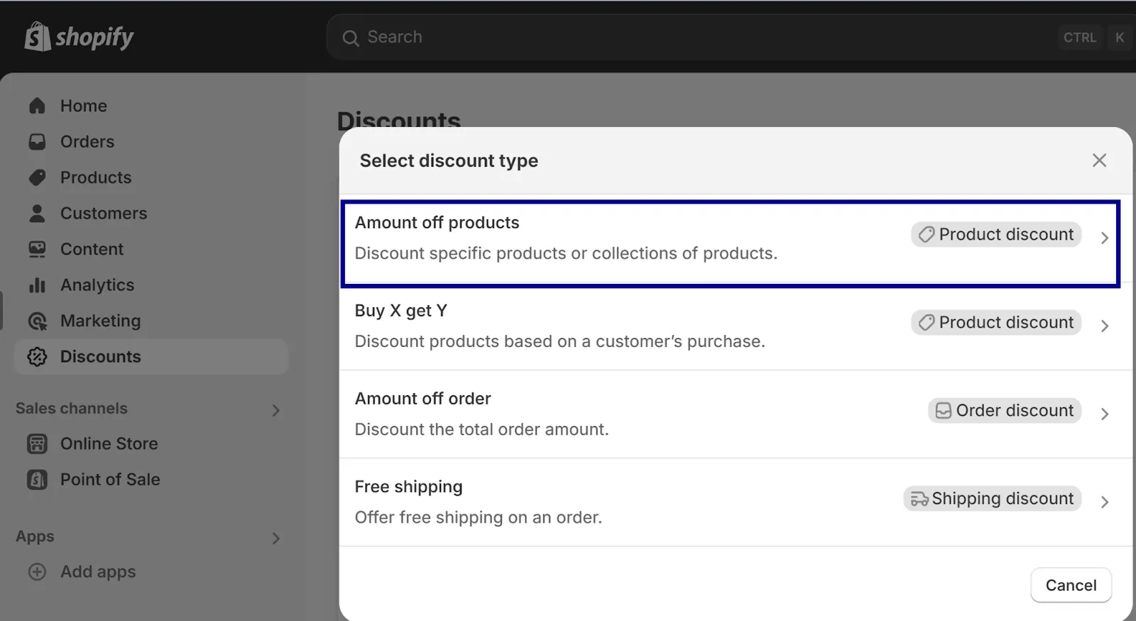 Step 2: Choose Amount Off Products (or Amount Off Orders)